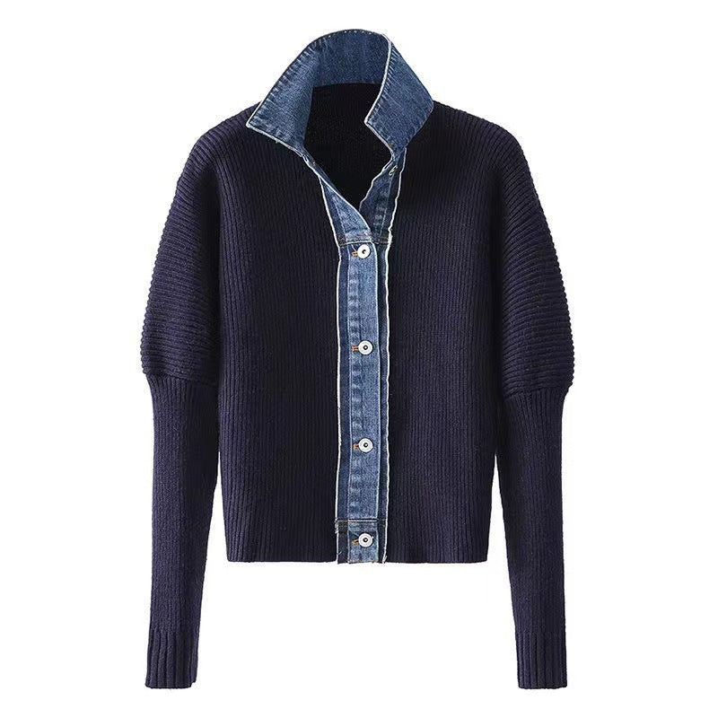 Women's Denim Patchwork Knitting Coat Top