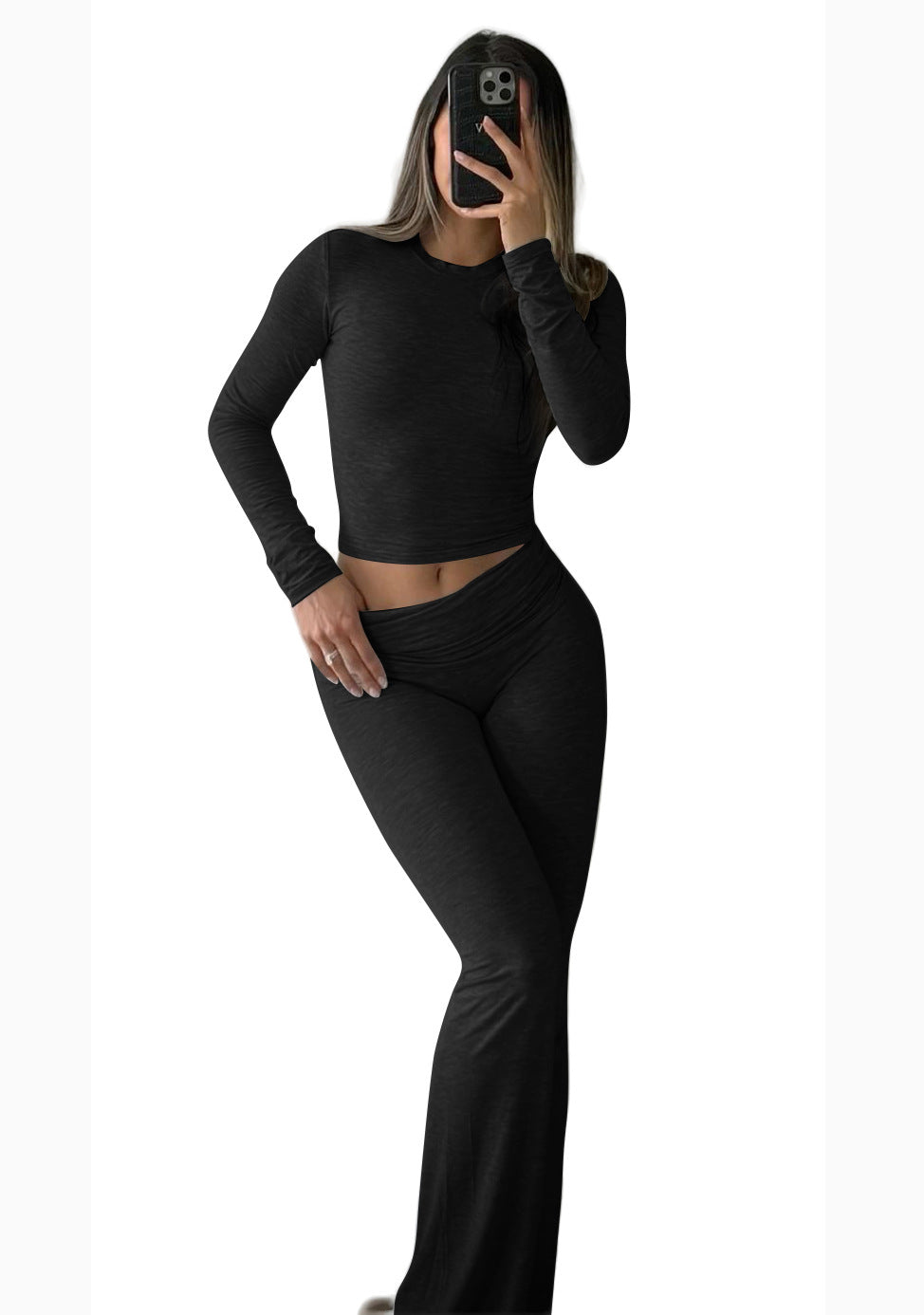 Round Neck Long Sleeve Low Waist Bell-bottom Pants Sportswear Suit