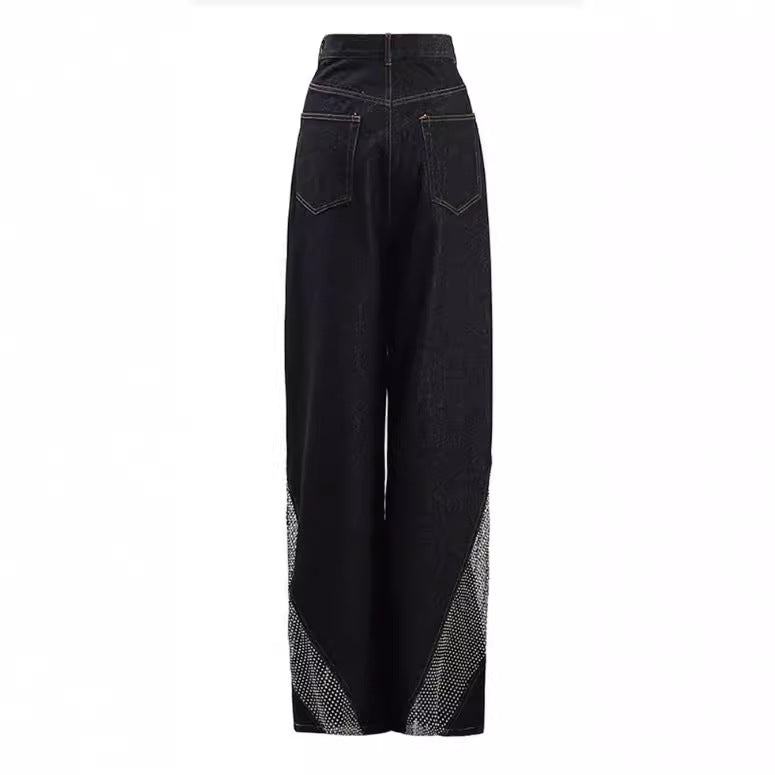 Autumn New Diamond Studded Hollow Stitching Wide-leg Trousers For Women